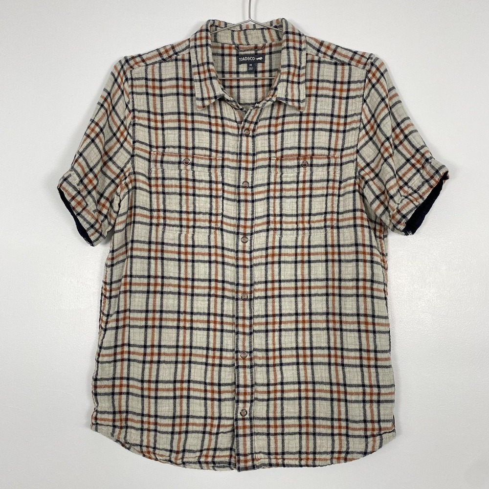 Toad&Co Shirt Mens Medium Beige Plaid Tamarac ShortSleeve Organic Cotton Outdoor